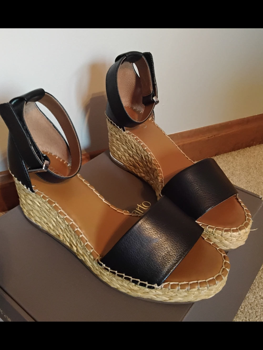 Franco Sarto Black Leather Espadrille Wedge Sandals with Ankle Strap, Size 9